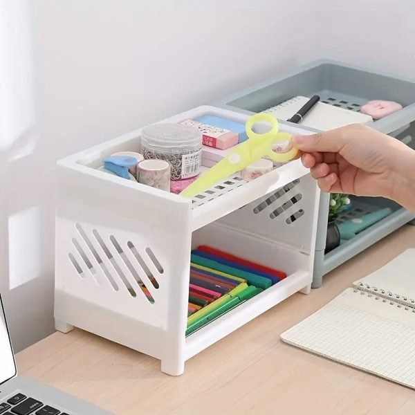 Desktop Double - layer Plastic Storage Holder Rack Cosmetic Box Kitchen Bathroom Desk Shelf Organizer Office Supplies Stationery (random Color) - My Store